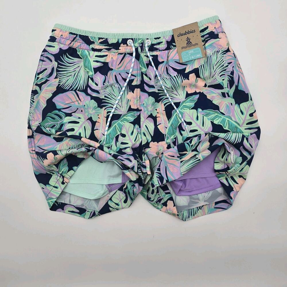 Chubbies Swim Trunks Mens Large 7 Inch Blue Night Faunas Shorts Boxer Liner